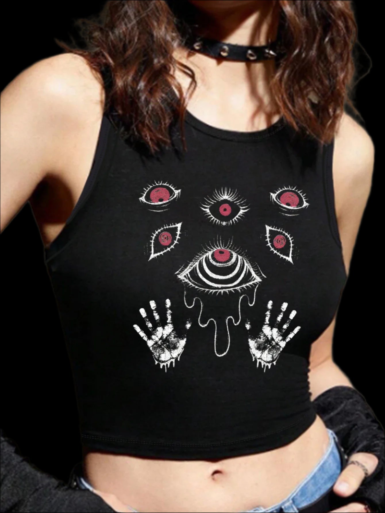 Punk Eye & Hand Print Slim Vest – Super-Short Summer Gothic Crop Top