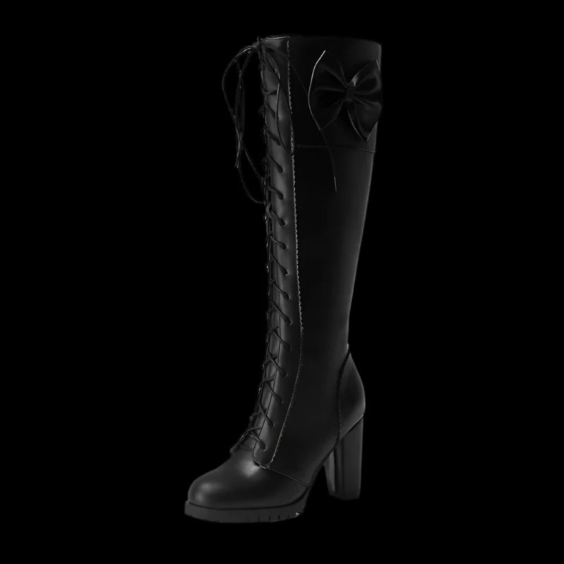 Gothic Knee-High Lace-Up Boots with Bow