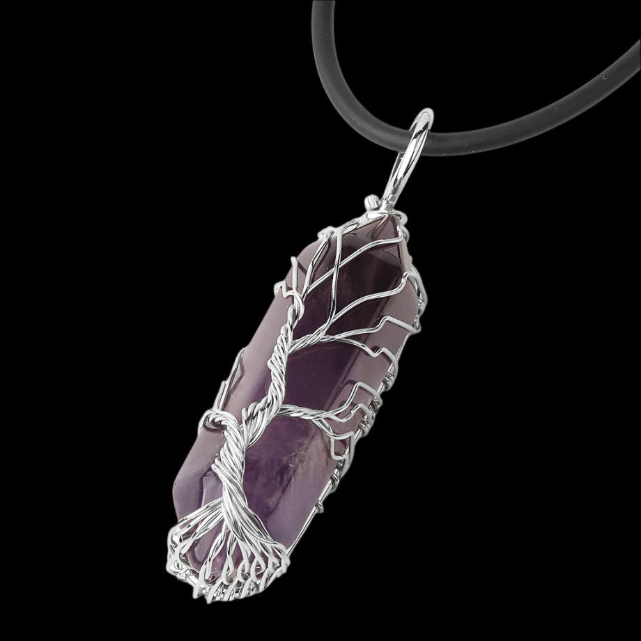 Enchanted Crystal Tree Pendant Necklace – Hexagonal Prism Healing Stone with Life Tree Wrap