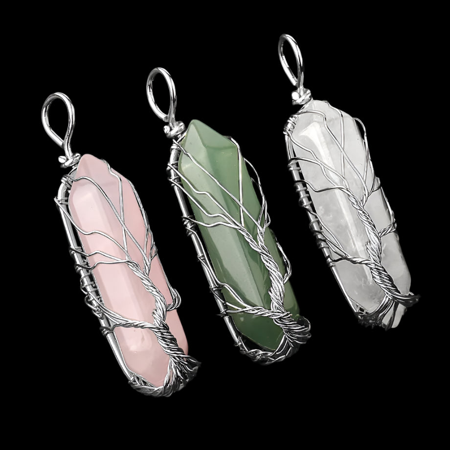 Enchanted Crystal Tree Pendant Necklace – Hexagonal Prism Healing Stone with Life Tree Wrap