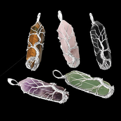 Enchanted Crystal Tree Pendant Necklace – Hexagonal Prism Healing Stone with Life Tree Wrap