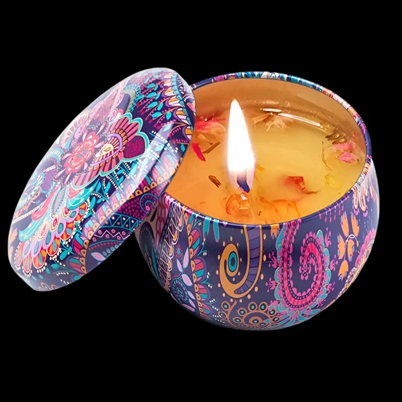 Boho-Chic Handmade Scented Candle in Vibrant Tin Can