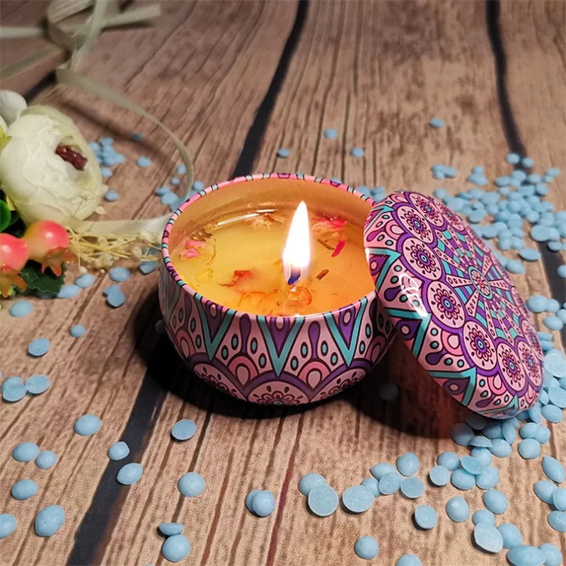 Boho-Chic Handmade Scented Candle in Vibrant Tin Can