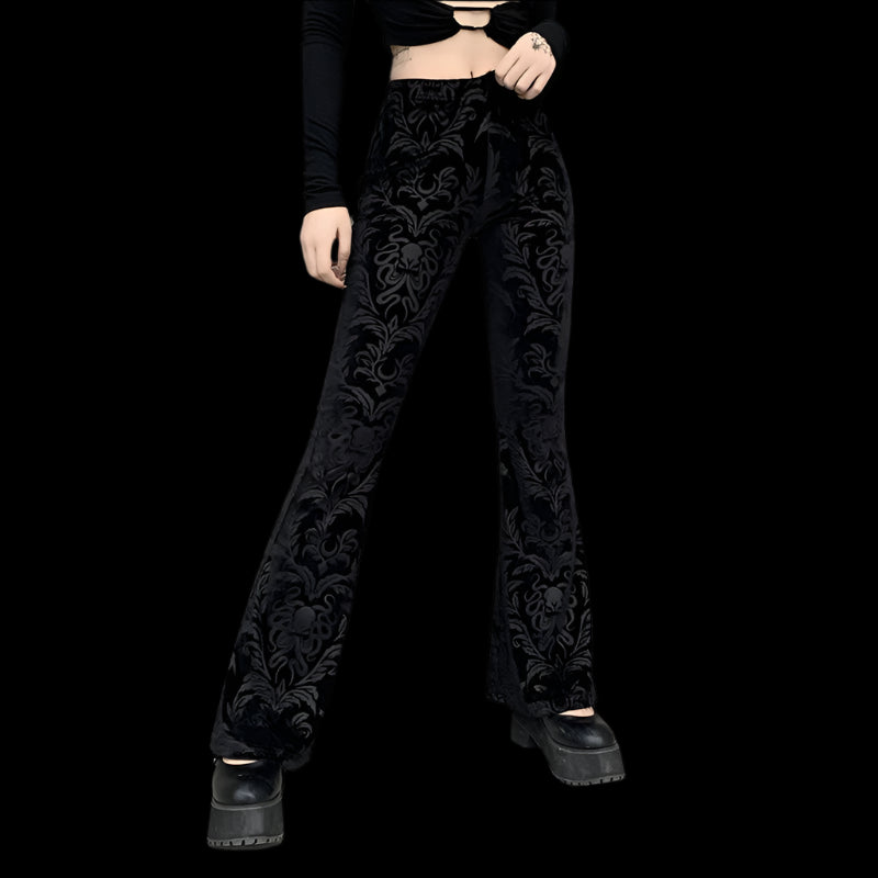 Gothic Velvet Flare Trousers - Dark Floral Damask