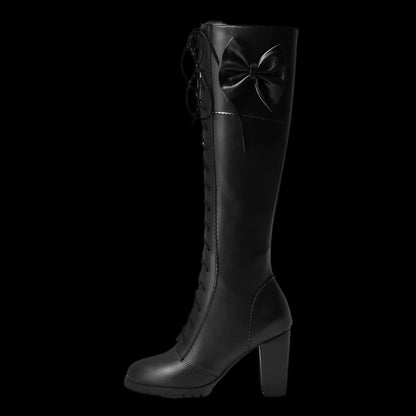 Gothic Knee-High Lace-Up Boots with Bow