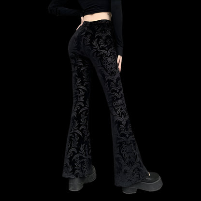 Gothic Velvet Flare Trousers - Dark Floral Damask