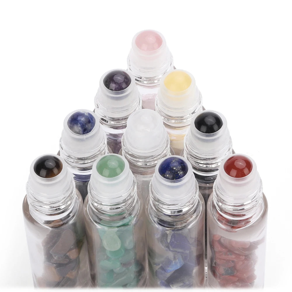 10PCS 10ml Natural Gemstone Essential Oil Roller Bottles - Crystal Chip Perfume