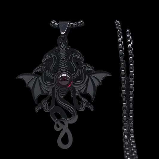 Gothic Witchcraft Dragon Pendant Necklace - Satanic Viking Charm in Stainless Steel