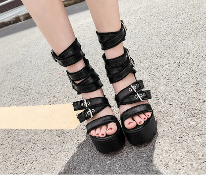 Gothic Platform Gladiator Sandals – High Block Heel Buckle Strap Shoes