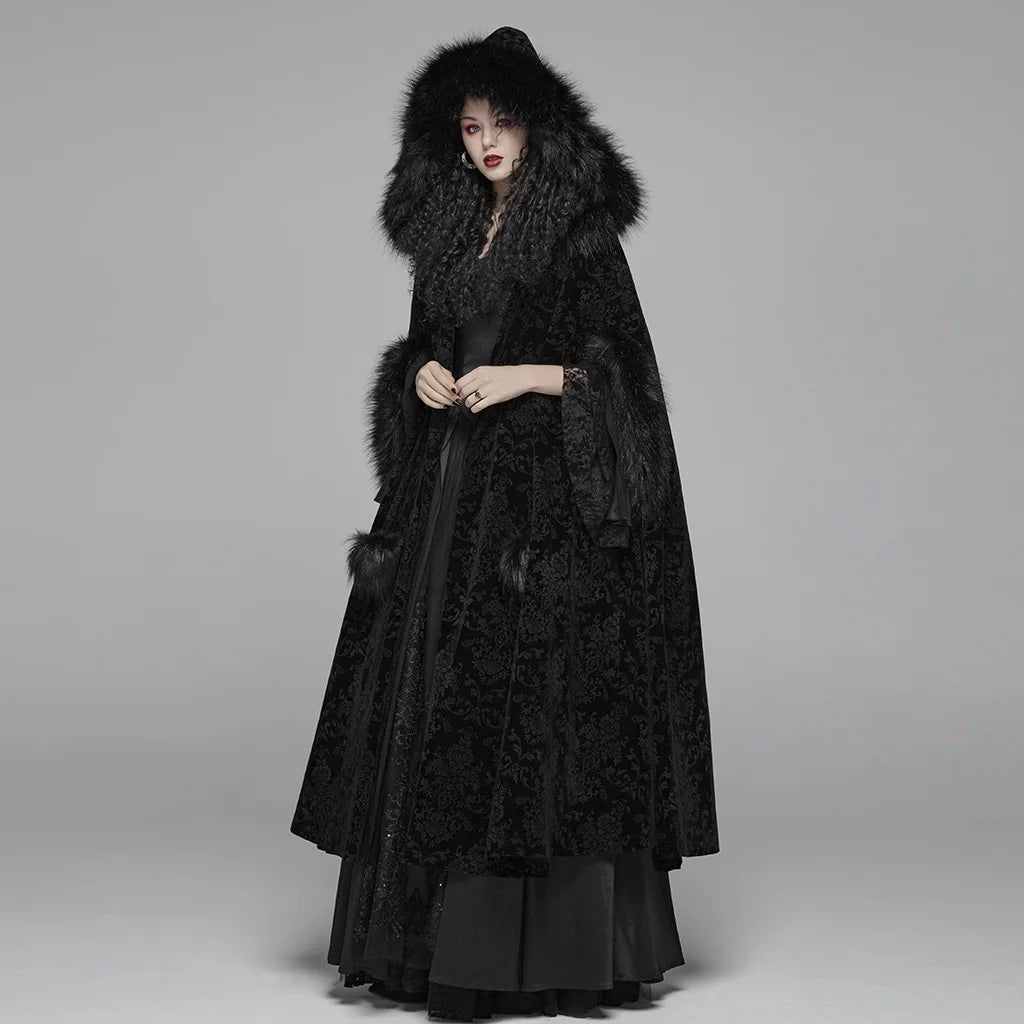 Gothic Hooded Cloak - Long Coat Cape with Fuzzy Trim