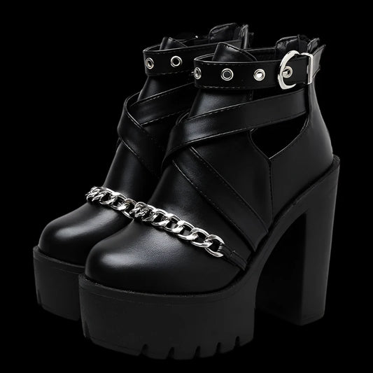 Gothic Chain Platform Ankle Boots – Witchy Elegance