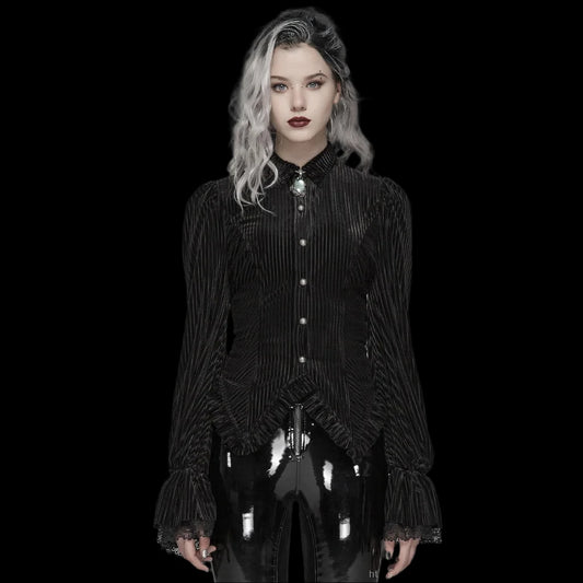 Gothic Velvet Long Sleeve Top - Dark Grain & Lace Details