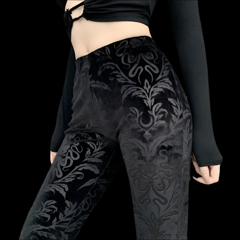 Gothic Velvet Flare Trousers - Dark Floral Damask