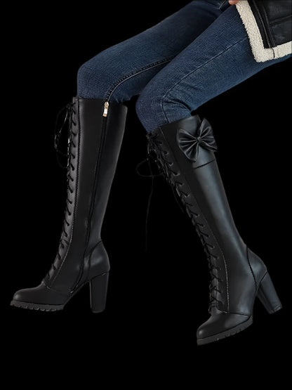 Gothic Knee-High Lace-Up Boots with Bow