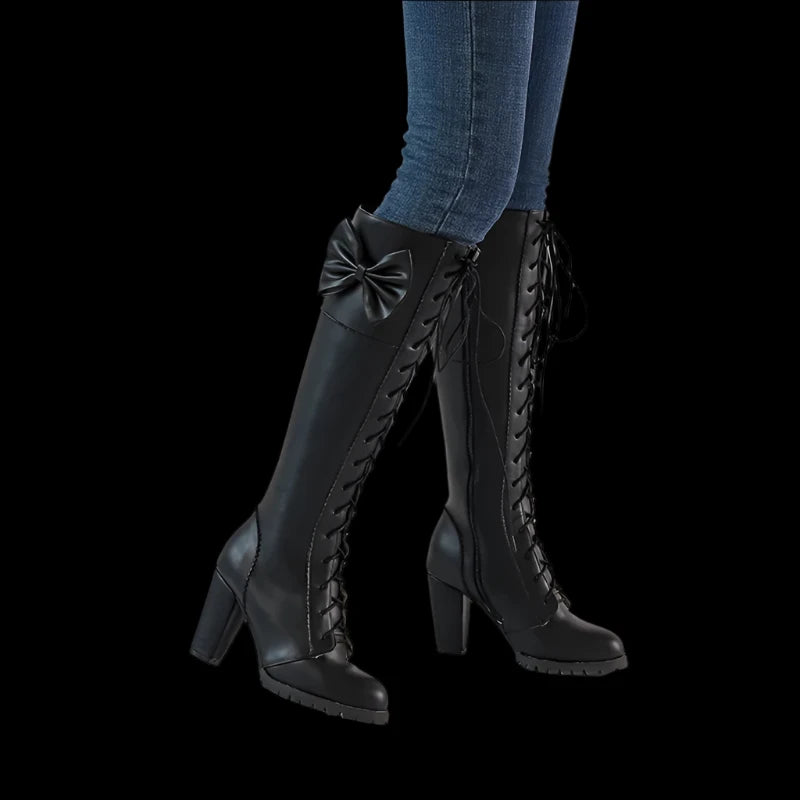 Gothic Knee-High Lace-Up Boots with Bow