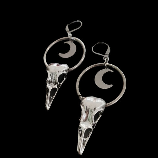 Gothic Crow Skull Earrings – Crescent Moon Design