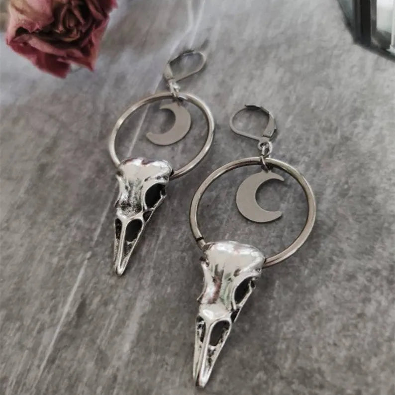 Gothic Crow Skull Earrings – Crescent Moon Design