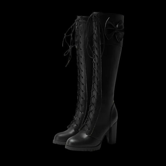 Gothic Knee-High Lace-Up Boots with Bow