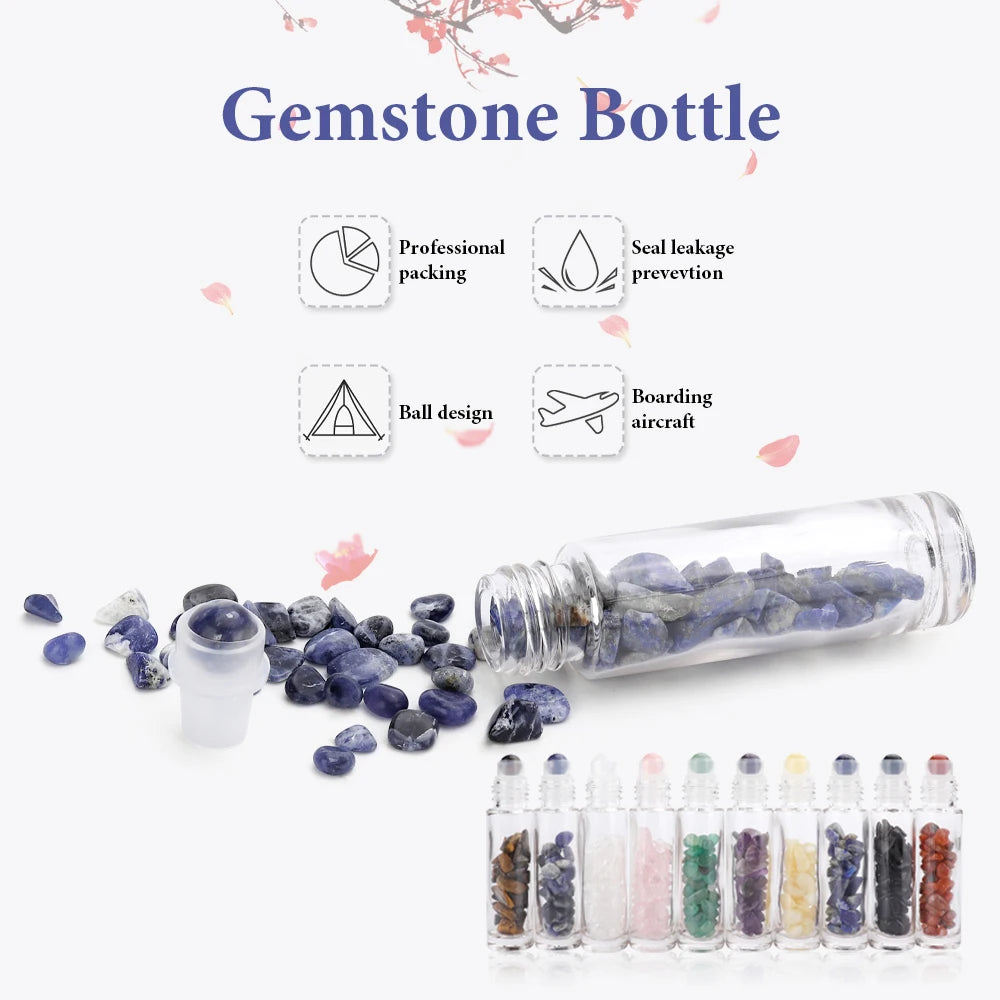 10PCS 10ml Natural Gemstone Essential Oil Roller Bottles - Crystal Chip Perfume