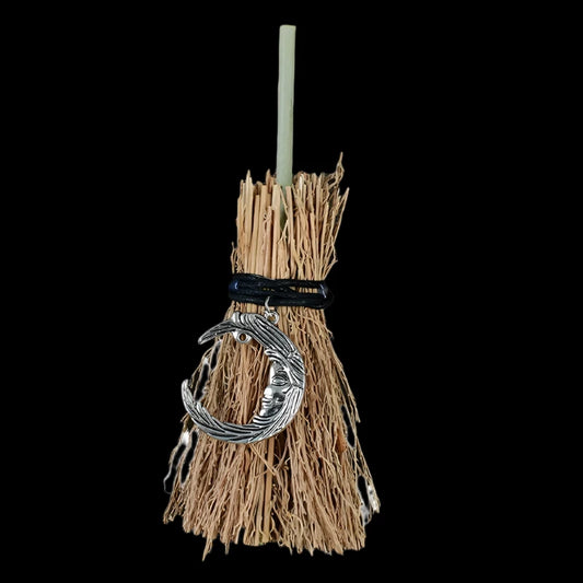 Crescent Moon Mini Witch Broom – Handmade Straw Broom with Lunar Pendant