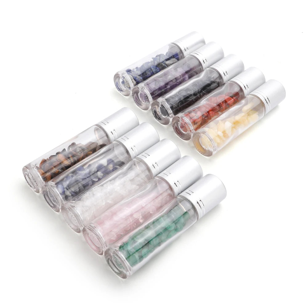 10PCS 10ml Natural Gemstone Essential Oil Roller Bottles - Crystal Chip Perfume