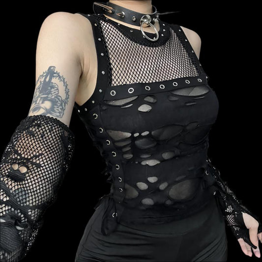 Gothic Lace-Up Hole See-Through Crop Tank Top – Cyber Punk Rave Streetwear