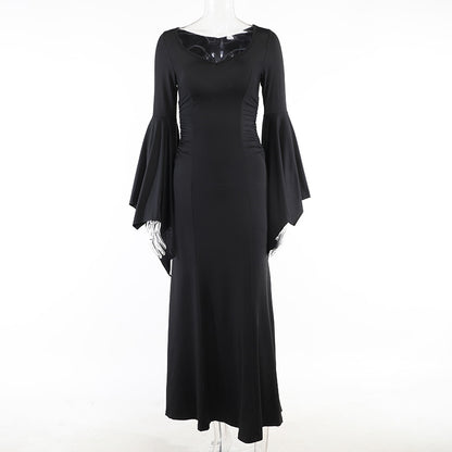 Gothic Vintage Square Neck Dress – Spider Web Flare Sleeves Long Party Gown