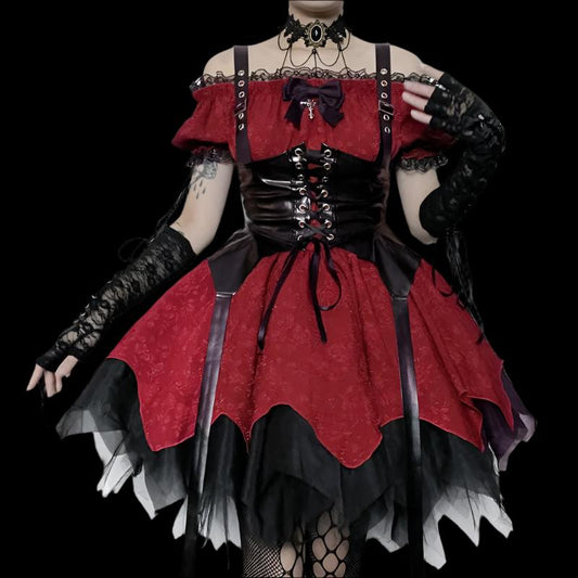 Dark Academia Gothic Lace Patchwork Puff Sleeve Dress – Fairycore Grunge Harajuku Style