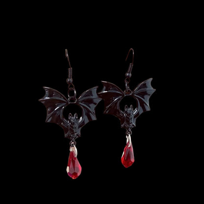 Gothic Vampire Bat Earrings with Red Crystal Teardrop