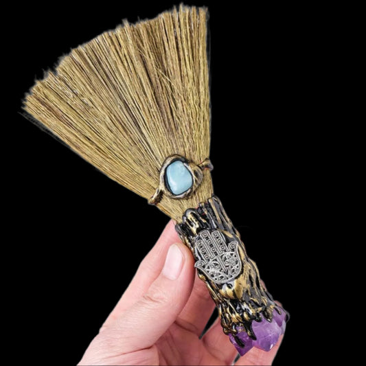 Witch Altar Broom Miniature Crystal Wicca Brush | Ritual Points Cleansing Broom for Spellcraft