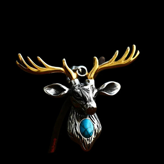 Viking Deer Head Pendant – 316L Stainless Steel with Turquoise Accent