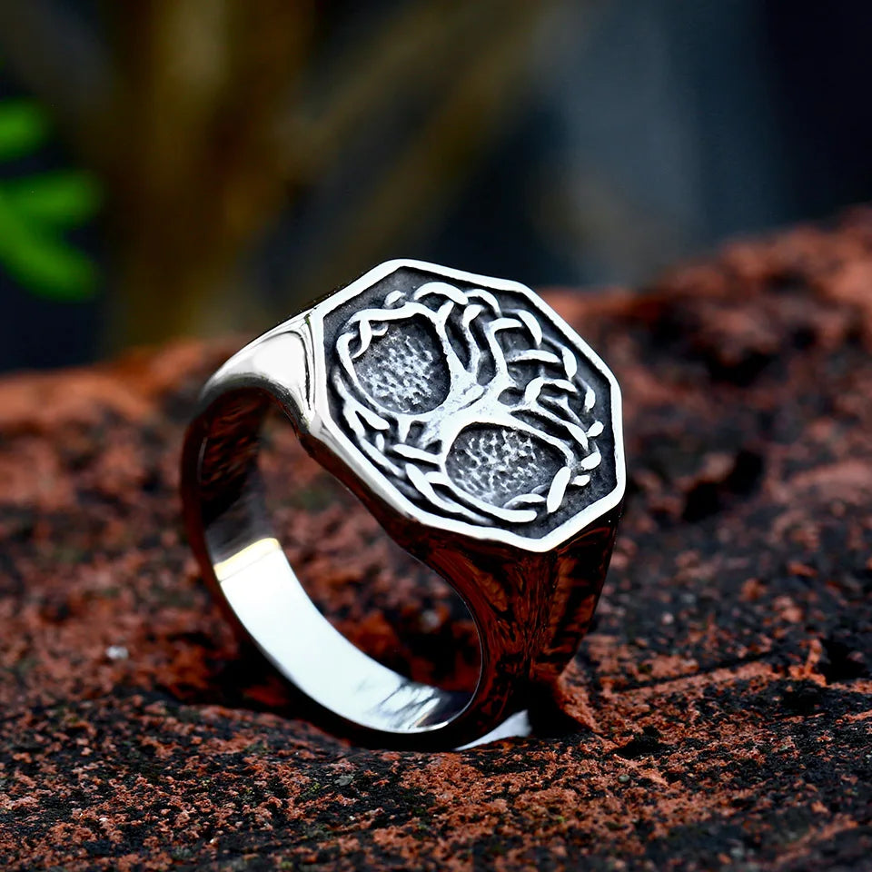 Nordic Tree of Life Signet Ring – 316L Stainless Steel Viking Amulet for Men