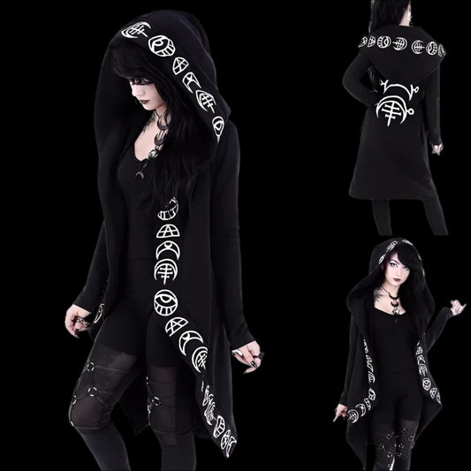 Lunar Enchantress Hooded Cardigan - Gothic Moon Print Long Coat