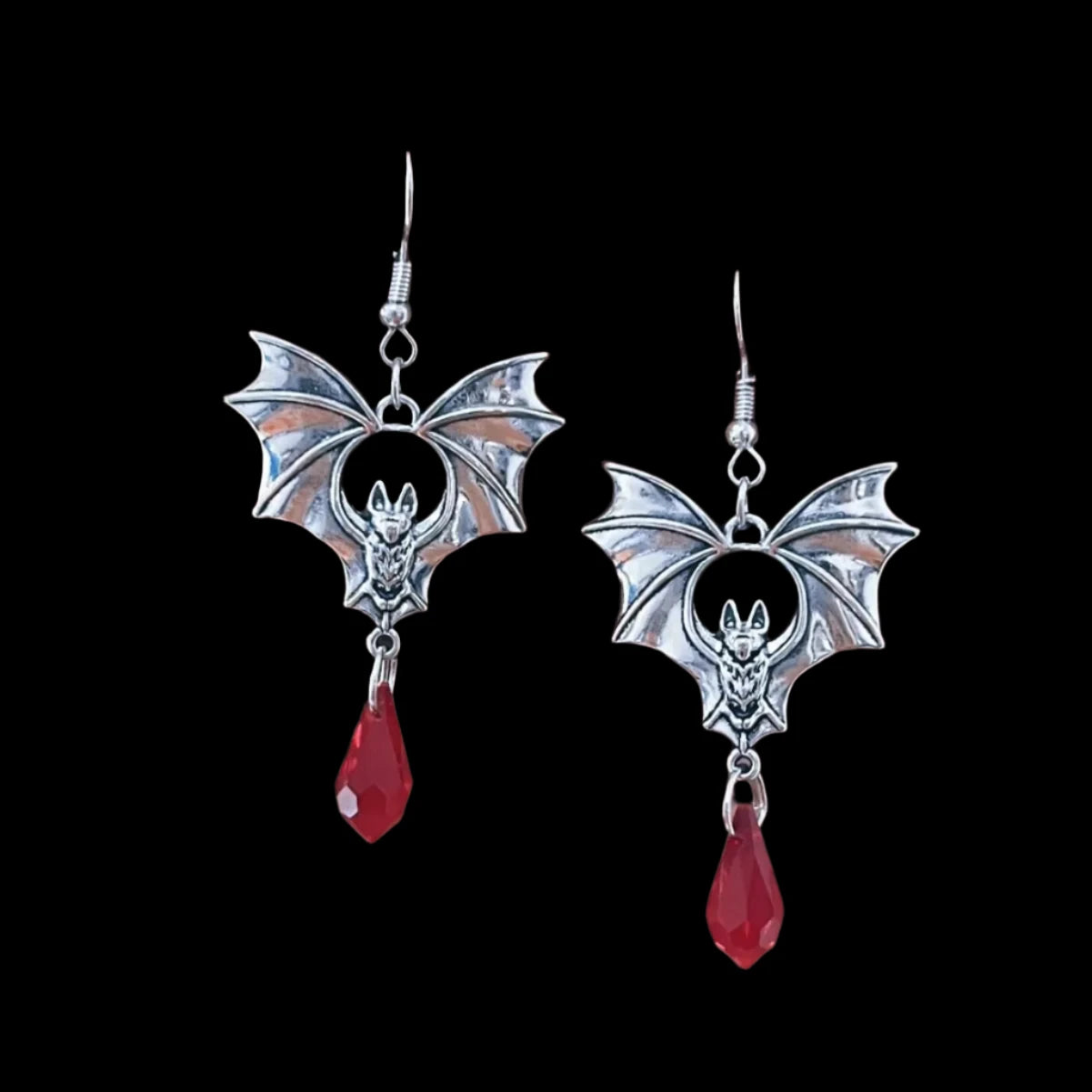 Gothic Vampire Bat Earrings with Red Crystal Teardrop