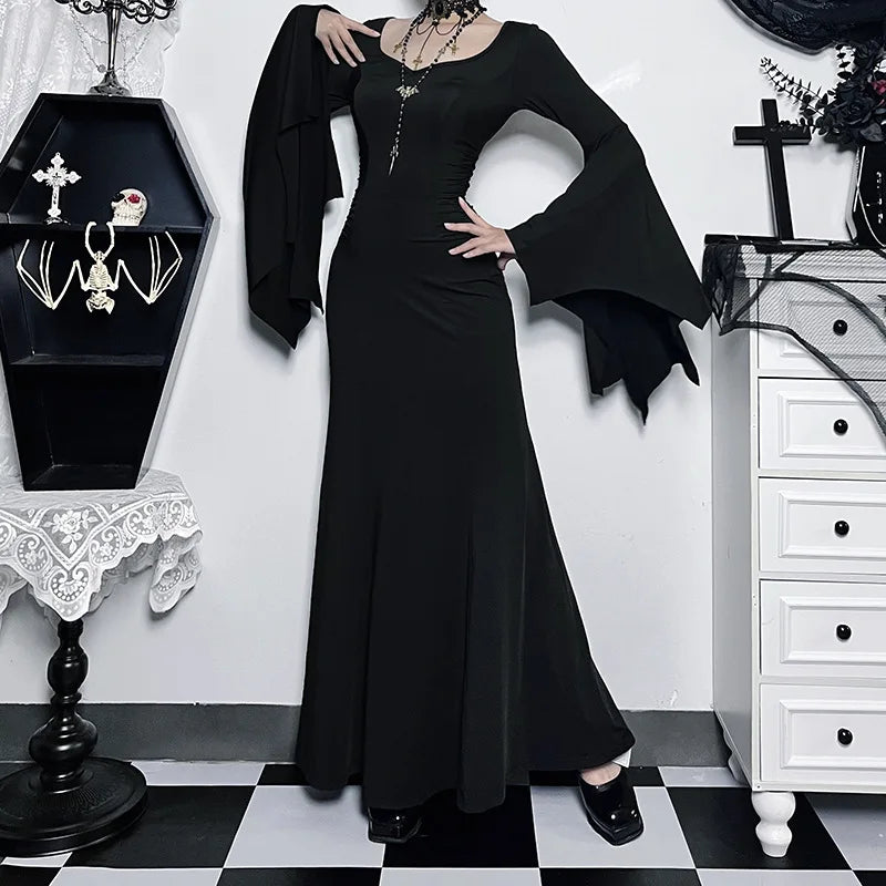 Gothic Vintage Square Neck Dress – Spider Web Flare Sleeves Long Party Gown