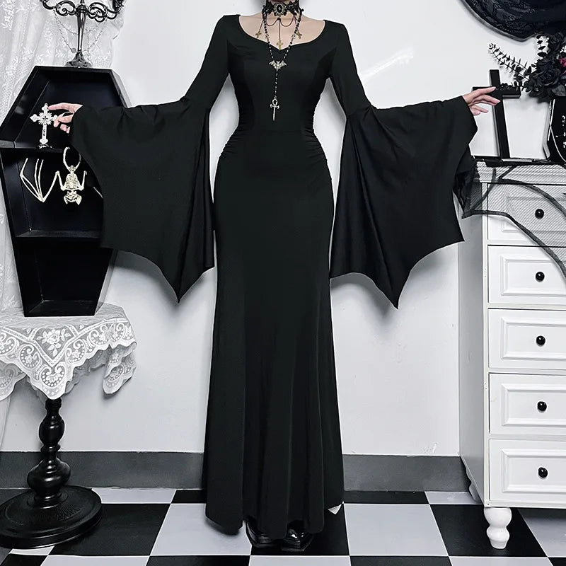 Gothic Vintage Square Neck Dress – Spider Web Flare Sleeves Long Party Gown