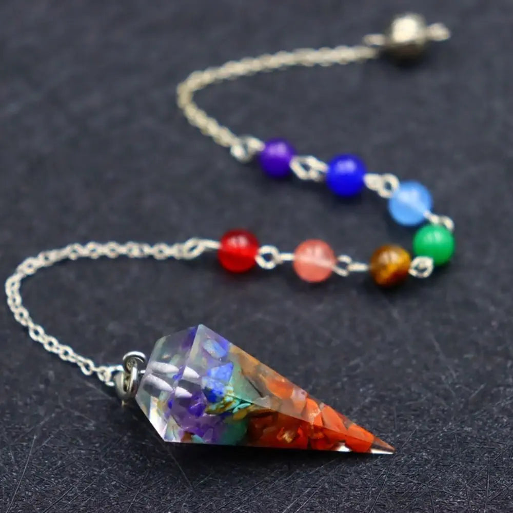 7 Chakra Natural Stone Pendulum – Crystal Point Scrying Pendant for Dowsing & Divination