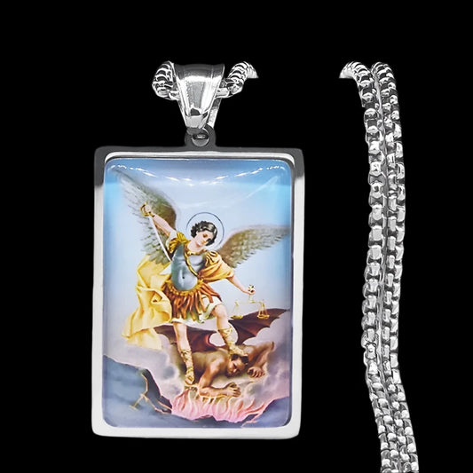 Saint Michael Archangel Pendant Necklace - Stainless Steel & Glass