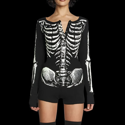 Goth Dark Skull Bone Print Long Sleeve Skinny Playsuit