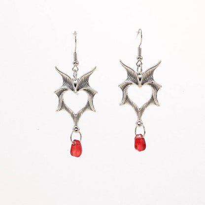 Gothic Vampire Bat Earrings with Red Crystal Teardrop