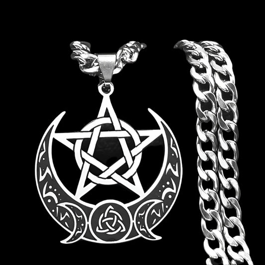 Wicca Triple Moon Crescent Pentagram Necklace – Stainless Steel