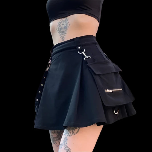 Punk Gothic High-Waist Black Mini Skirt with Utility Pockets