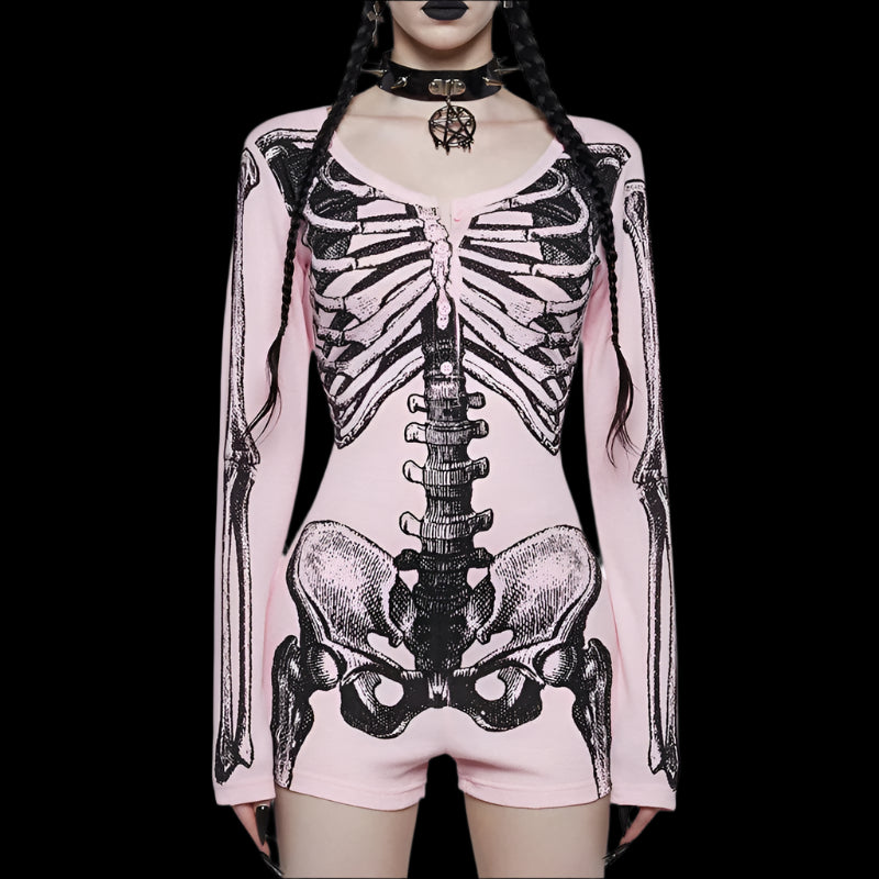 Goth Dark Skull Bone Print Long Sleeve Skinny Playsuit