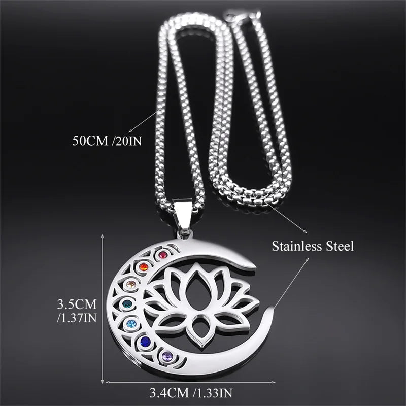 Flower Lotus Moon Pendant Necklace – 7 Chakra Healing Stainless Steel Jewelry