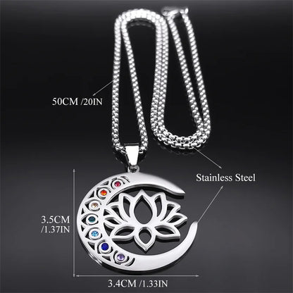 Flower Lotus Moon Pendant Necklace – 7 Chakra Healing Stainless Steel Jewelry