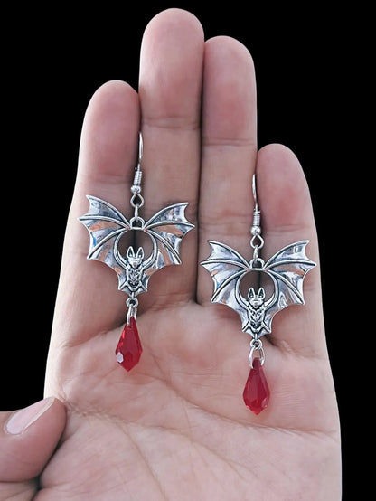 Gothic Vampire Bat Earrings with Red Crystal Teardrop