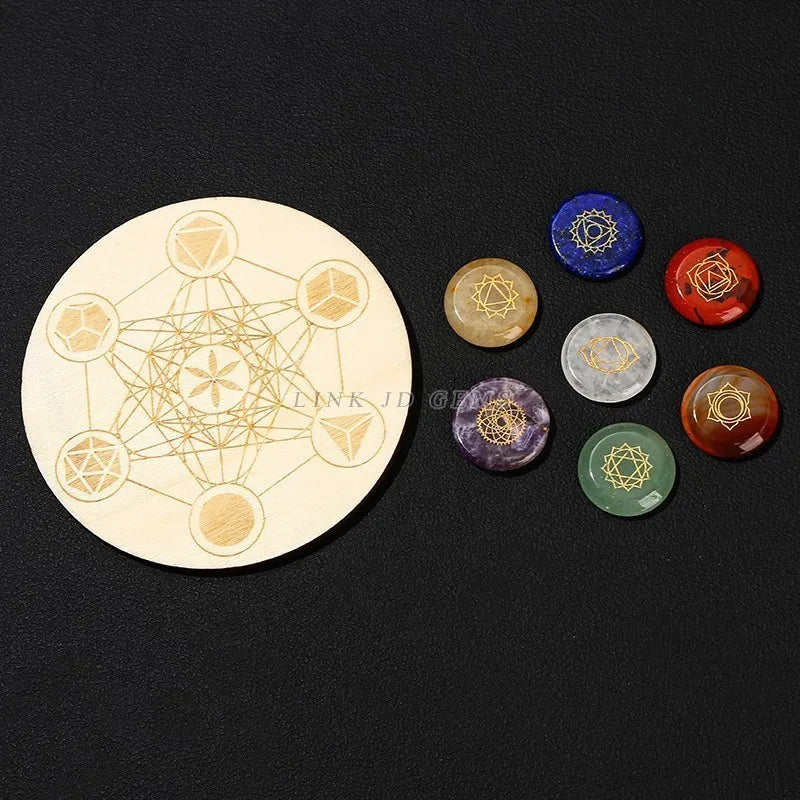 Healing Stone 7 Chakra Reiki Symbol Crystal Set with Wooden Star Array Plate – Meditation & Energy Balancing