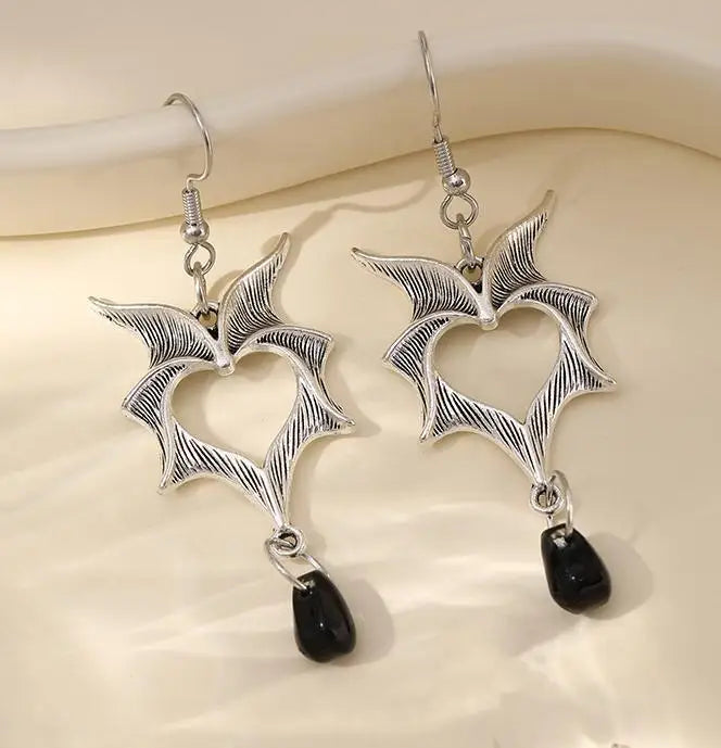 Gothic Vampire Bat Earrings with Red Crystal Teardrop