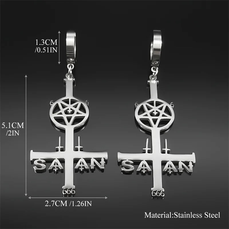 Stainless Steel Satan Inverted Pentagram Cross Hoop Earrings