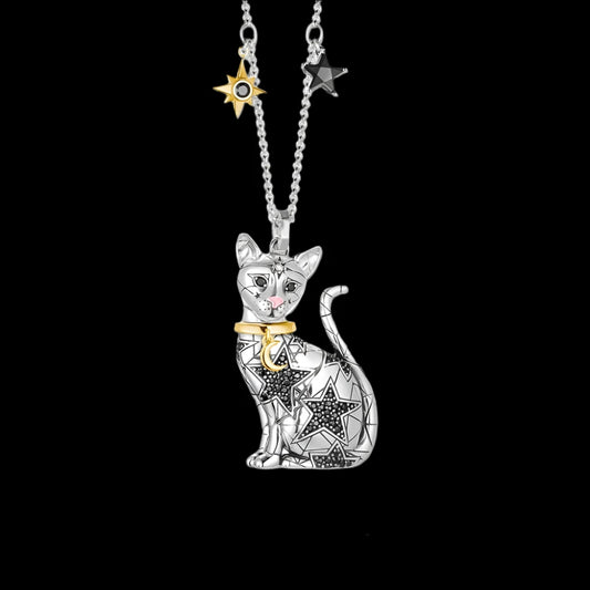 Enchanted Starry Cat Pendant – 18K Rhodium & Gold Sterling Silver